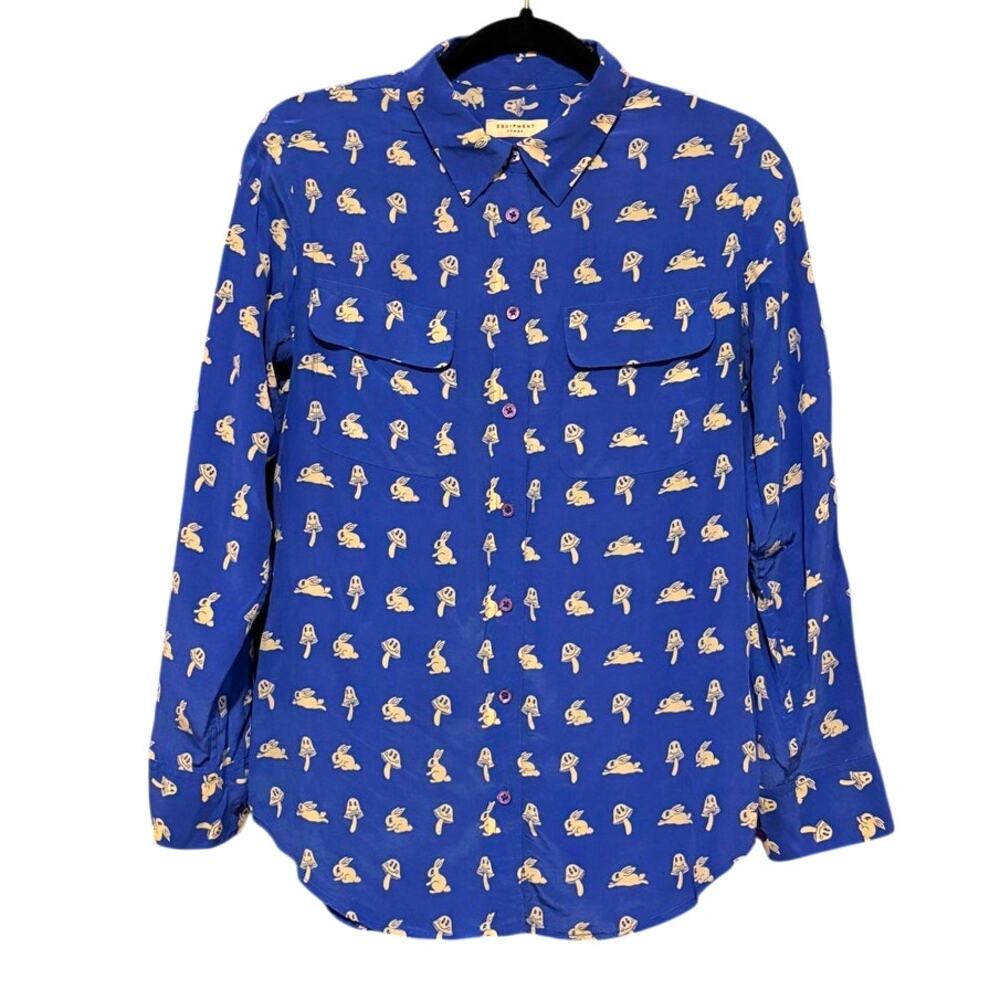 Equipment Slim Signature Silk Shirt in the Nautical Blue Bunny Print Top Blouse